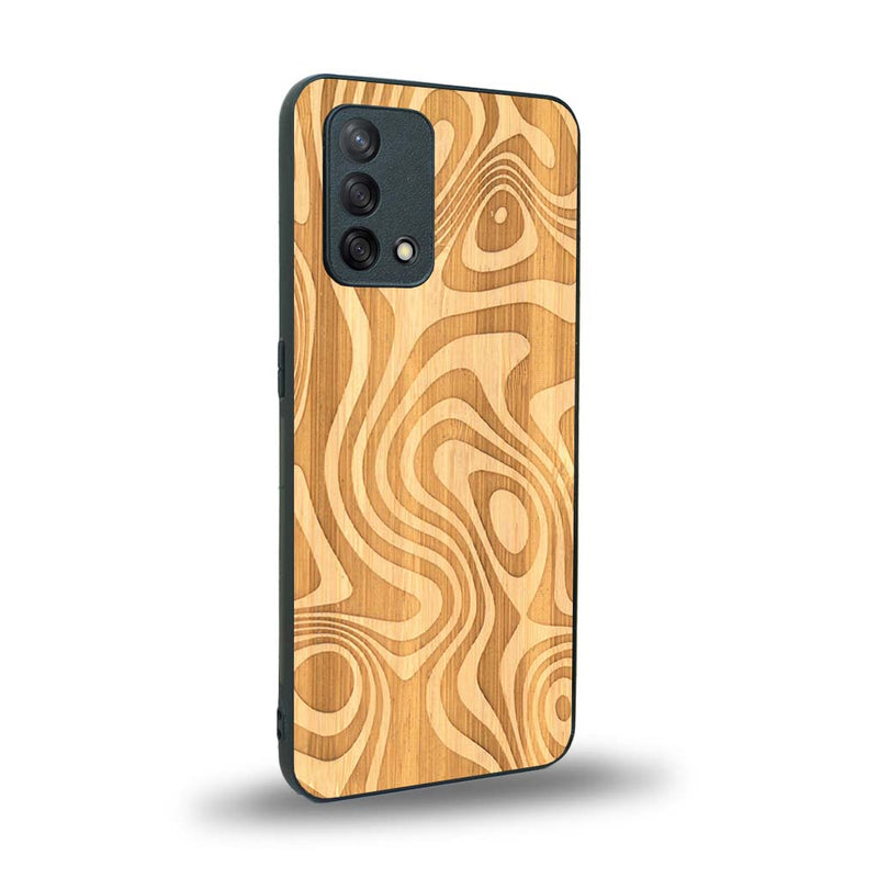 Coque de protection en bois véritable fabriquée en France pour Oppo A74 4G avec un motif abstrait représentant les mouvements de l'eau