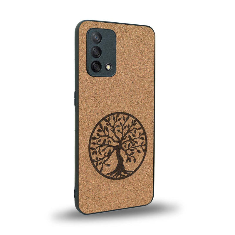 Coque de protection en bois véritable fabriquée en France pour Oppo A74 4G sur le thème de la spiritualité et du yoga avec une gravure zen représentant un arbre de vie