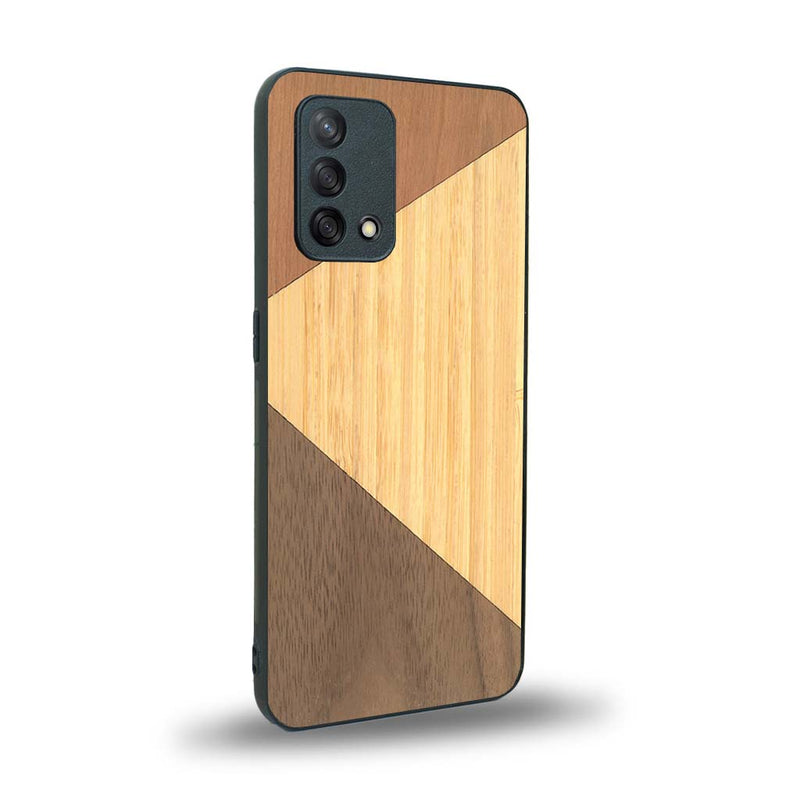 Coque de protection en bois véritable fabriquée en France pour Oppo A74 4G alliant du merisier, du noyer et du bambou formant chacun deux triangles et un trapèze avec deux jointures en diagonale sur le thème de l'art abstrait