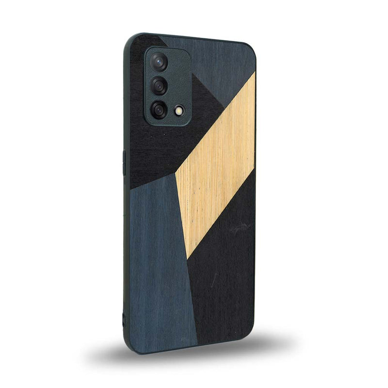 Coque de protection en bois véritable fabriquée en France pour Oppo A74 4G alliant du bambou, du tulipier bleu et noir en forme de mosaïque minimaliste sur le thème de l'art abstrait