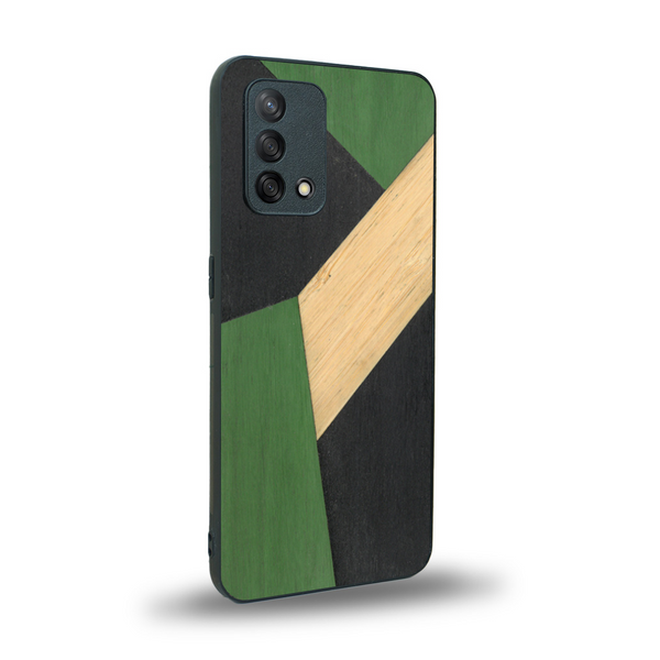Coque de protection en bois véritable fabriquée en France pour Oppo A74 4G alliant du bambou, du tulipier vert et noir en forme de mosaïque minimaliste sur le thème de l'art abstrait