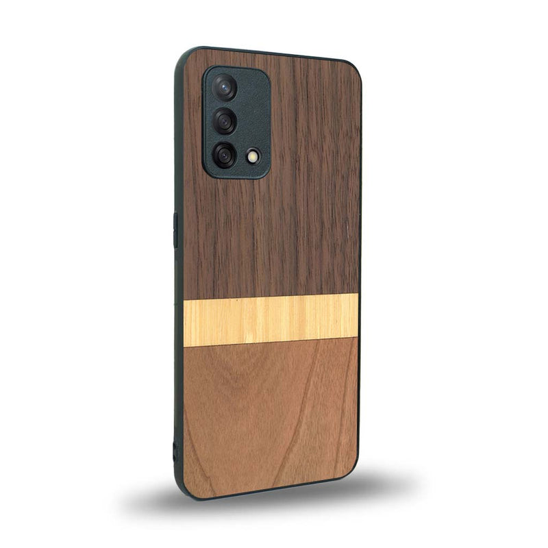 Coque de protection en bois véritable fabriquée en France pour Oppo A74 4G alliant des bandes horizontales de bambou, merisier et noyer