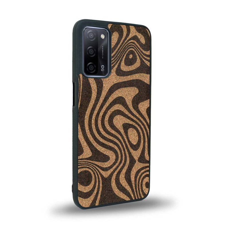 Coque de protection en bois véritable fabriquée en France pour Oppo A93 avec un motif abstrait représentant les mouvements de l'eau