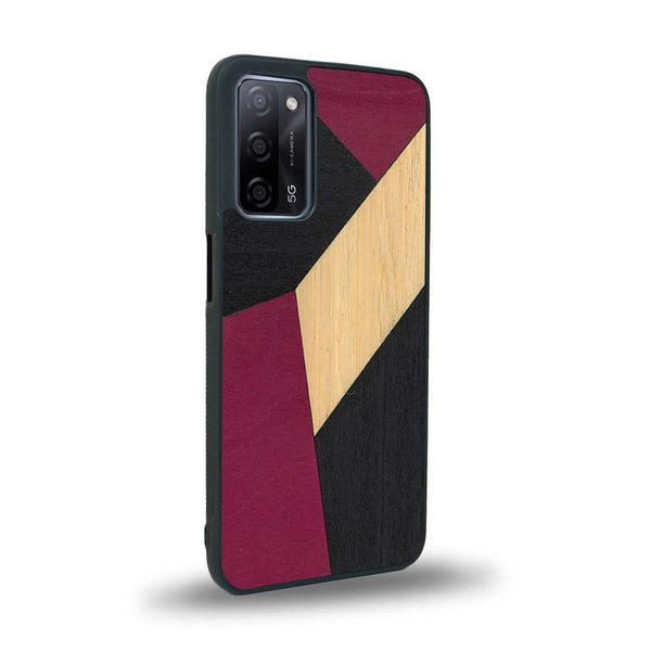 Coque de protection en bois véritable fabriquée en France pour Oppo A93 alliant du bambou, du tulipier rose et noir en forme de mosaïque minimaliste sur le thème de l'art abstrait