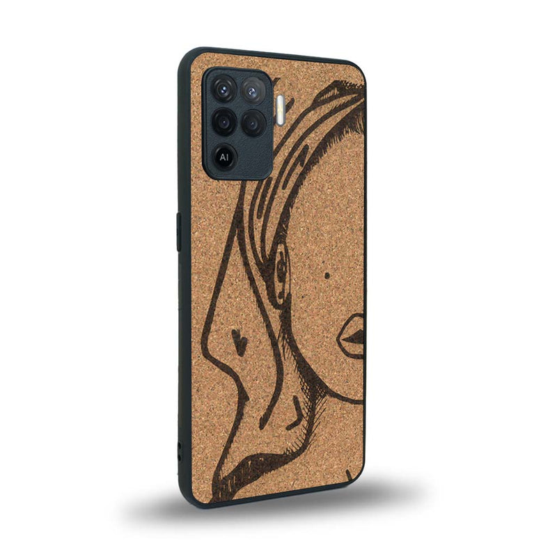 Coque de protection en bois véritable fabriquée en France pour Oppo A94 représentant une silhouette féminine épurée de type line art en collaboration avec l'artiste Maud Dabs