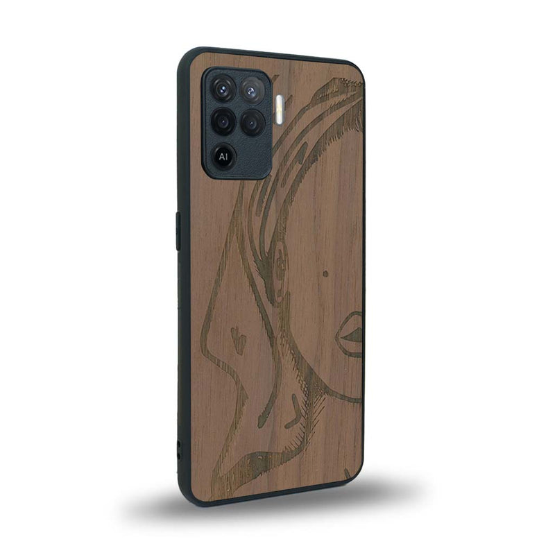 Coque de protection en bois véritable fabriquée en France pour Oppo A94 représentant une silhouette féminine épurée de type line art en collaboration avec l'artiste Maud Dabs