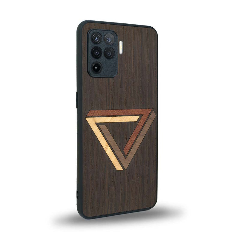 Coque de protection en bois véritable fabriquée en France pour Oppo A94 sur le thème de l'art géométrique qui allie du chêne fumé, du noyer, du bambou et du padouk représentant le triangle de penrose