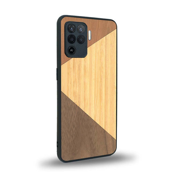 Coque de protection en bois véritable fabriquée en France pour Oppo A94 alliant du merisier, du noyer et du bambou formant chacun deux triangles et un trapèze avec deux jointures en diagonale sur le thème de l'art abstrait