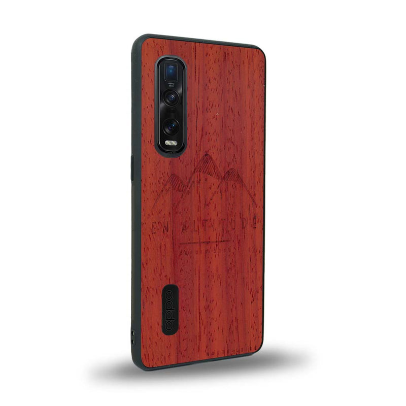 Coque de protection en bois véritable fabriquée en France pour Oppo Find X2 Pro représentant des montagnes, sur le thème de la randonnée en pleine nature et du trail