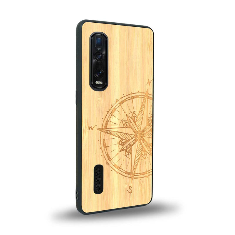 Coque de protection en bois véritable fabriquée en France pour Oppo Find X2 Pro avec une gravure "rose des vents" sur le thème nautique et de l'océan qui s'inspire des boussoles de pirate