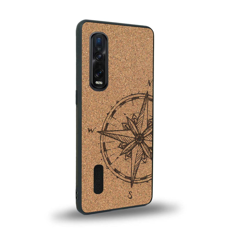 Coque de protection en bois véritable fabriquée en France pour Oppo Find X2 Pro avec une gravure "rose des vents" sur le thème nautique et de l'océan qui s'inspire des boussoles de pirate