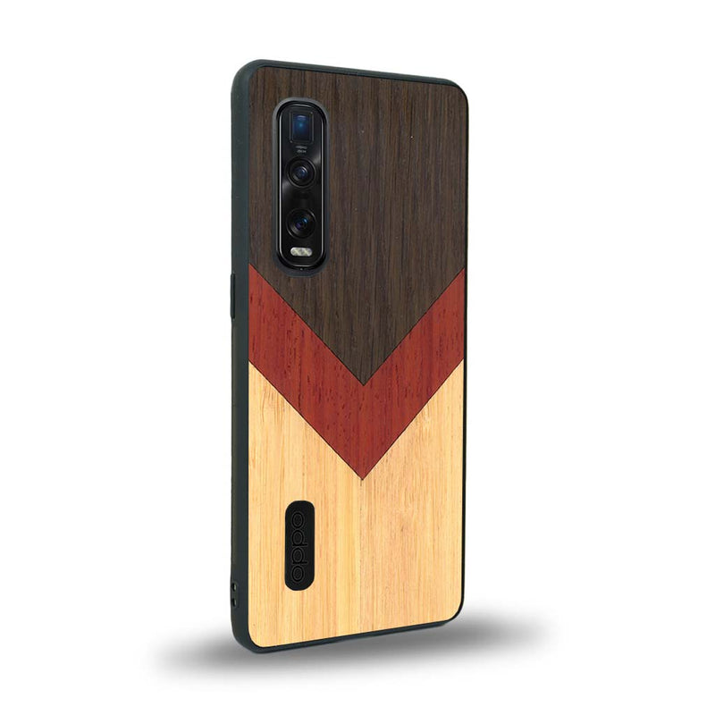 Coque de protection en bois véritable fabriquée en France pour Oppo Find X2 Pro alliant du chêne fumé, du padouk et du bambou en forme de chevron sur le thème de l'art abstrait