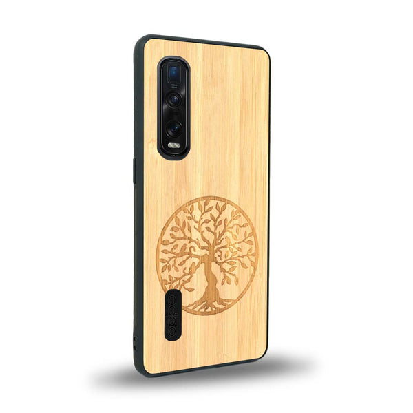 Coque de protection en bois véritable fabriquée en France pour Oppo Find X2 Pro sur le thème de la spiritualité et du yoga avec une gravure zen représentant un arbre de vie