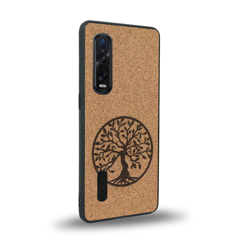 Coque de protection en bois véritable fabriquée en France pour Oppo Find X2 Pro sur le thème de la spiritualité et du yoga avec une gravure zen représentant un arbre de vie