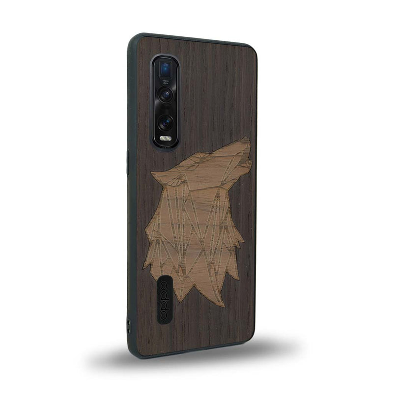 Coque de protection en bois véritable fabriquée en France pour Oppo Find X2 Pro alliant du chêne fumé et du noyer représentant une tête de loup géométrique de profil sur le thème des animaux et de la nature