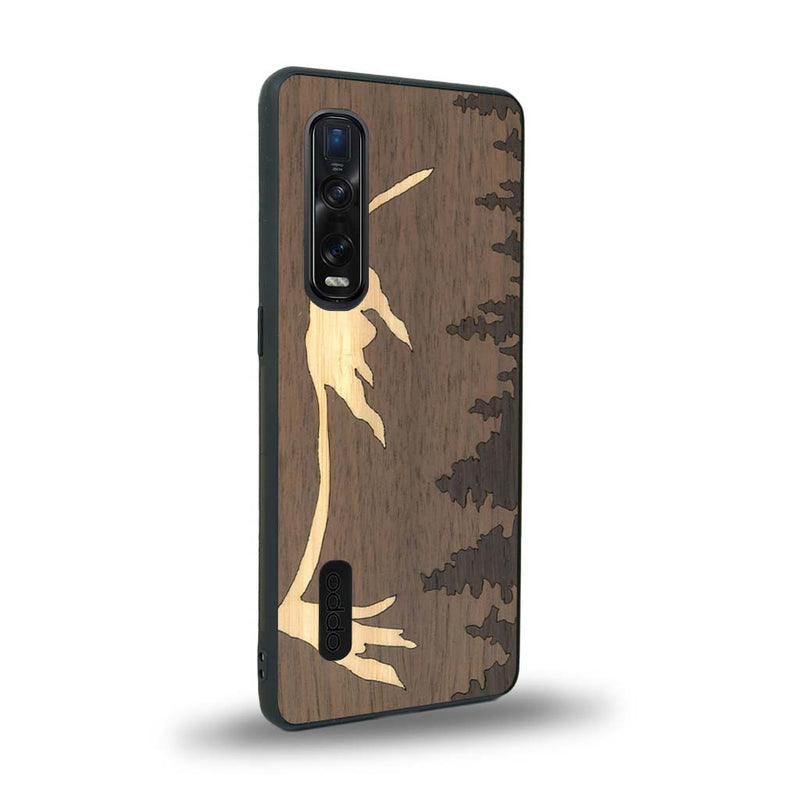 Coque de protection en bois véritable fabriquée en France pour Oppo Find X2 Pro sur le thème de la nature et de la montagne qui allie du chêne fumé, du noyer et du bambou représentant le mont mézenc