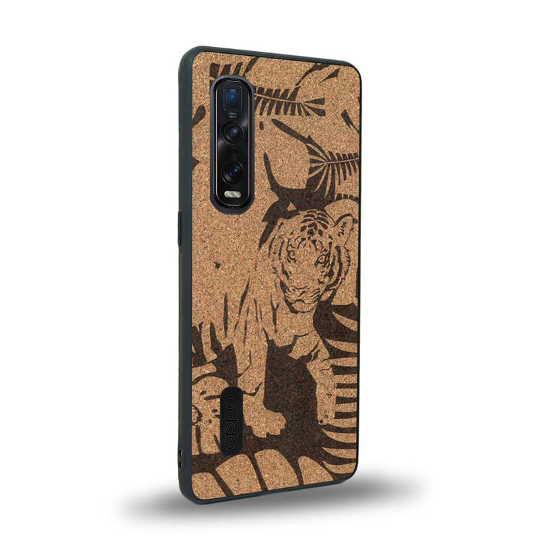Coque de protection en bois véritable fabriquée en France pour Oppo Find X2 Pro sur le thème de la nature et des animaux représentant un tigre dans la jungle entre des fougères