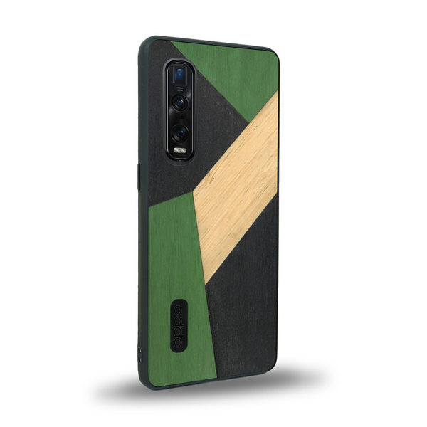 Coque de protection en bois véritable fabriquée en France pour Oppo Find X2 Pro alliant du bambou, du tulipier vert et noir en forme de mosaïque minimaliste sur le thème de l'art abstrait