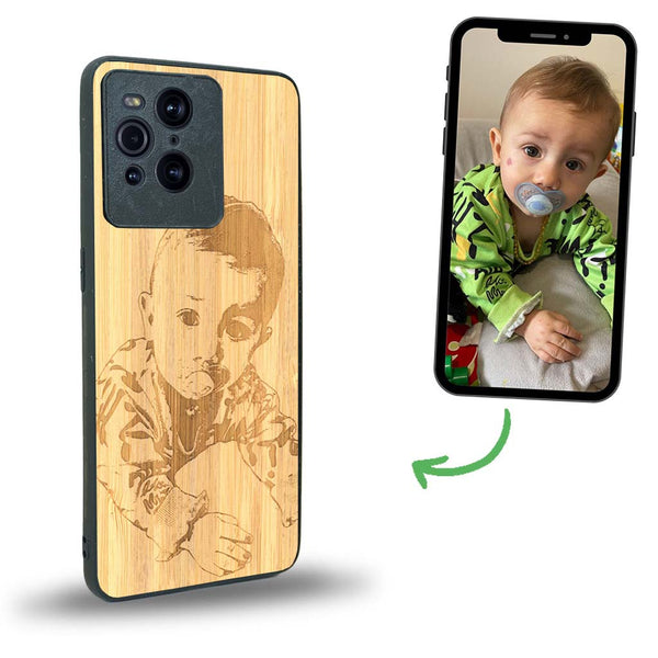 Coque de protection en bois véritable fabriquée en France pour Oppo Find X3 Pro avec gravure personnalisée à partir d'une photo, d'une image, d'un logo, des initials ou d'une phrase