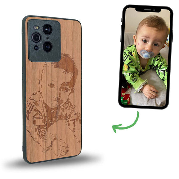 Coque de protection en bois véritable fabriquée en France pour Oppo Find X3 Pro avec gravure personnalisée à partir d'une photo, d'une image, d'un logo, des initials ou d'une phrase