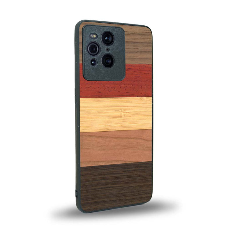 Coque de protection en bois véritable fabriquée en France pour Oppo Find X3 Pro alliant des bandes horizontales de bambou, merisier, padouk, noyer et chêne fumé