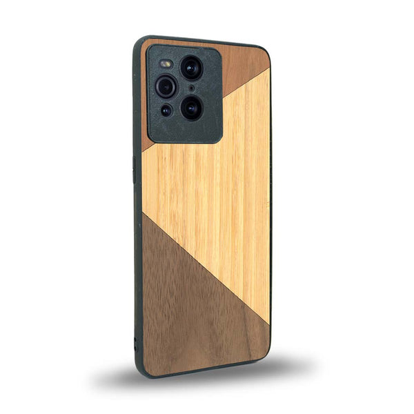 Coque de protection en bois véritable fabriquée en France pour Oppo Find X3 Pro alliant du merisier, du noyer et du bambou formant chacun deux triangles et un trapèze avec deux jointures en diagonale sur le thème de l'art abstrait