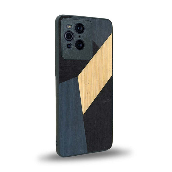 Coque de protection en bois véritable fabriquée en France pour Oppo Find X3 Pro alliant du bambou, du tulipier bleu et noir en forme de mosaïque minimaliste sur le thème de l'art abstrait
