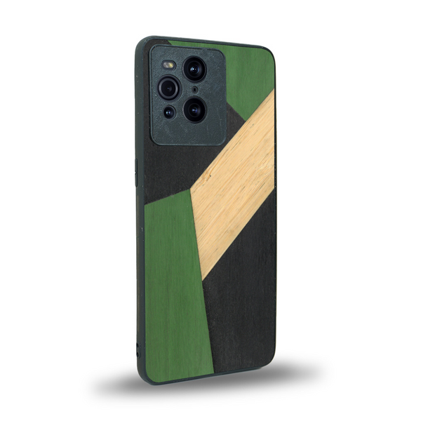 Coque de protection en bois véritable fabriquée en France pour Oppo Find X3 Pro alliant du bambou, du tulipier vert et noir en forme de mosaïque minimaliste sur le thème de l'art abstrait