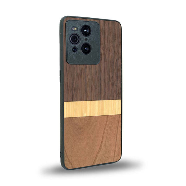 Coque de protection en bois véritable fabriquée en France pour Oppo Find X3 Pro alliant des bandes horizontales de bambou, merisier et noyer