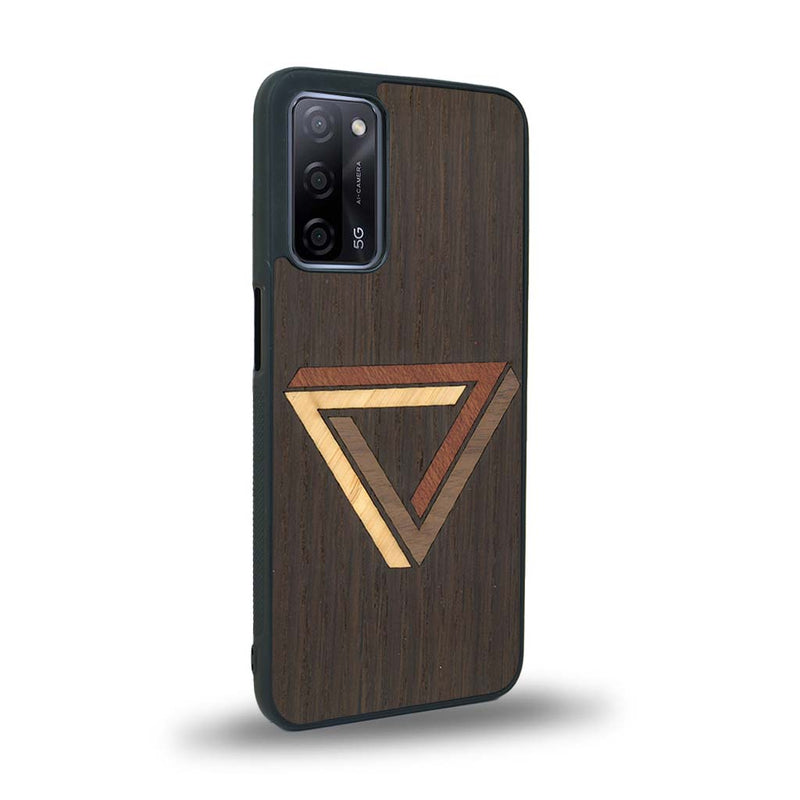 Coque de protection en bois véritable fabriquée en France pour Oppo Reno 4 sur le thème de l'art géométrique qui allie du chêne fumé, du noyer, du bambou et du padouk représentant le triangle de penrose