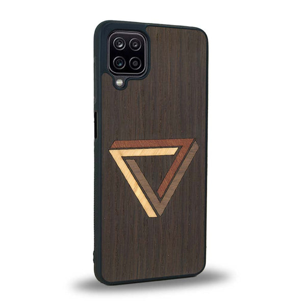 Coque de protection en bois véritable fabriquée en France pour Samsung A12 5G sur le thème de l'art géométrique qui allie du chêne fumé, du noyer, du bambou et du padouk représentant le triangle de penrose