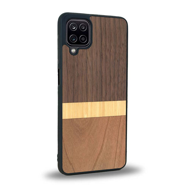 Coque de protection en bois véritable fabriquée en France pour Samsung A12 5G alliant des bandes horizontales de bambou, merisier et noyer