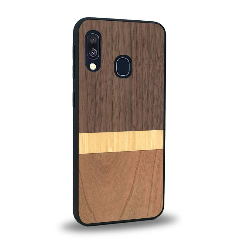 Coque de protection en bois véritable fabriquée en France pour Samsung A20 alliant des bandes horizontales de bambou, merisier et noyer