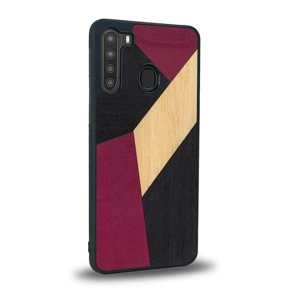 Coque de protection en bois véritable fabriquée en France pour Samsung A21 alliant du bambou, du tulipier rose et noir en forme de mosaïque minimaliste sur le thème de l'art abstrait