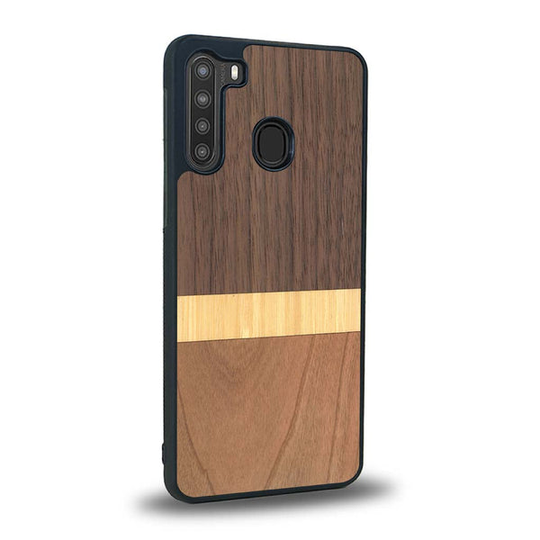 Coque de protection en bois véritable fabriquée en France pour Samsung A21 alliant des bandes horizontales de bambou, merisier et noyer