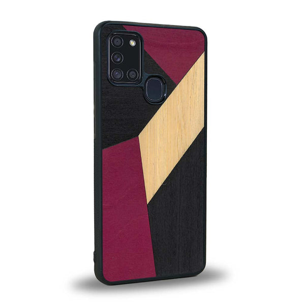 Coque de protection en bois véritable fabriquée en France pour Samsung A21S alliant du bambou, du tulipier rose et noir en forme de mosaïque minimaliste sur le thème de l'art abstrait