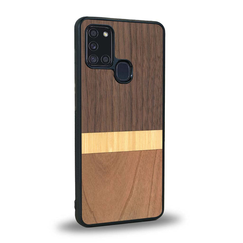 Coque de protection en bois véritable fabriquée en France pour Samsung A21S alliant des bandes horizontales de bambou, merisier et noyer