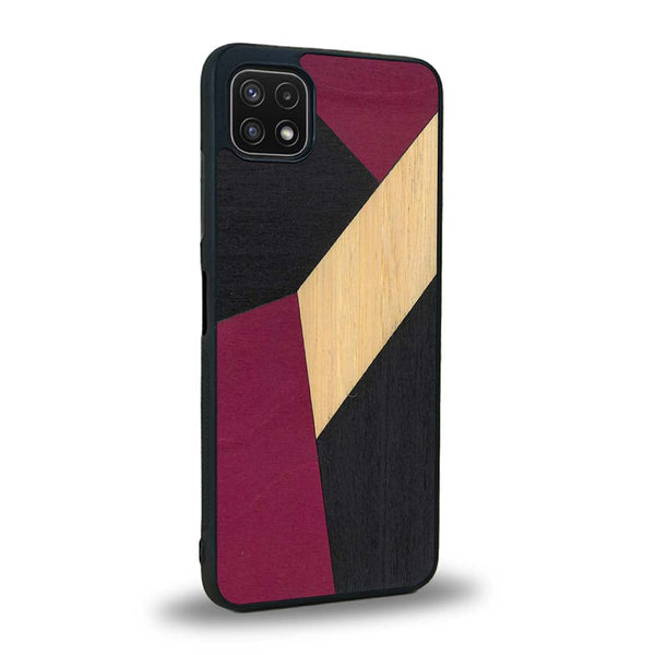 Coque de protection en bois véritable fabriquée en France pour Samsung A22 5G alliant du bambou, du tulipier rose et noir en forme de mosaïque minimaliste sur le thème de l'art abstrait