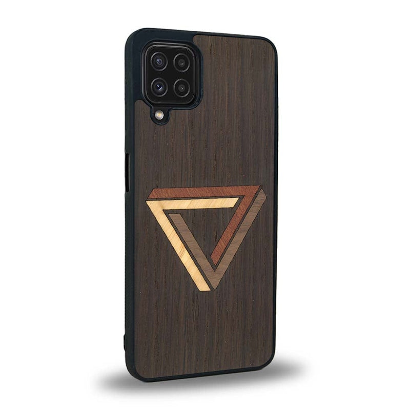 Coque de protection en bois véritable fabriquée en France pour Samsung A22 sur le thème de l'art géométrique qui allie du chêne fumé, du noyer, du bambou et du padouk représentant le triangle de penrose