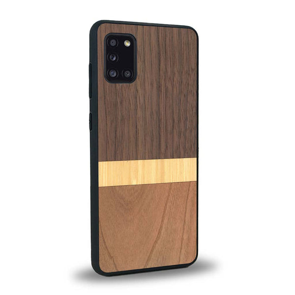 Coque de protection en bois véritable fabriquée en France pour Samsung A31 alliant des bandes horizontales de bambou, merisier et noyer