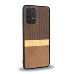 Coque de protection en bois véritable fabriquée en France pour Samsung A32 4G alliant des bandes horizontales de bambou, merisier et noyer