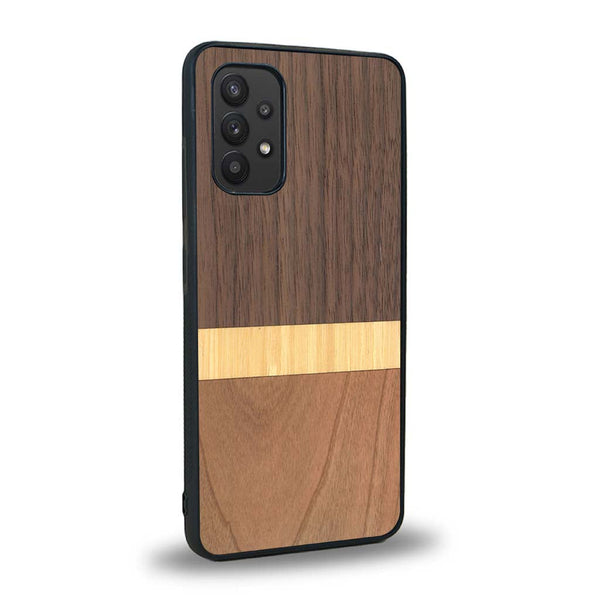 Coque de protection en bois véritable fabriquée en France pour Samsung A32 4G alliant des bandes horizontales de bambou, merisier et noyer