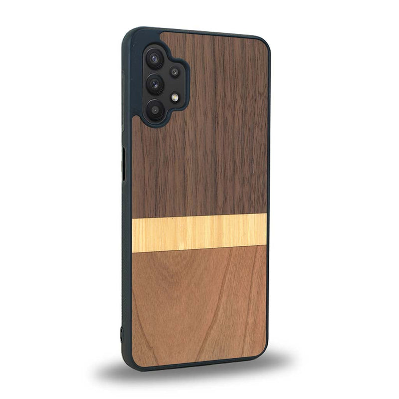 Coque de protection en bois véritable fabriquée en France pour Samsung A32 5G alliant des bandes horizontales de bambou, merisier et noyer