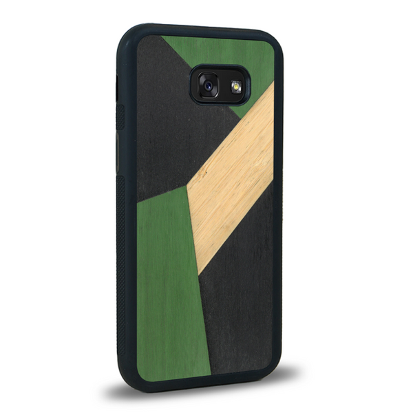Coque de protection en bois véritable fabriquée en France pour Samsung A5 alliant du bambou, du tulipier vert et noir en forme de mosaïque minimaliste sur le thème de l'art abstrait