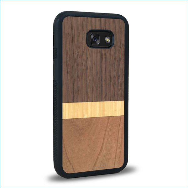 Coque de protection en bois véritable fabriquée en France pour Samsung A5 alliant des bandes horizontales de bambou, merisier et noyer