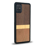 Coque de protection en bois véritable fabriquée en France pour Samsung A51 alliant des bandes horizontales de bambou, merisier et noyer