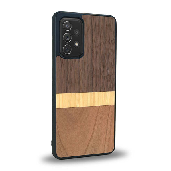 Coque de protection en bois véritable fabriquée en France pour Samsung A52 alliant des bandes horizontales de bambou, merisier et noyer