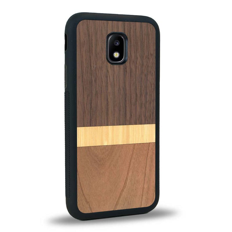Coque de protection en bois véritable fabriquée en France pour Samsung J3 2017 alliant des bandes horizontales de bambou, merisier et noyer