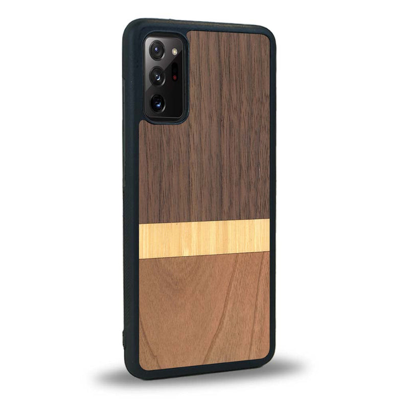 Coque de protection en bois véritable fabriquée en France pour Samsung Note 20 alliant des bandes horizontales de bambou, merisier et noyer