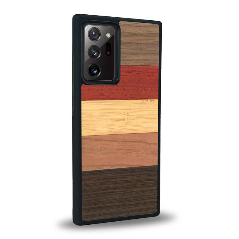 Coque de protection en bois véritable fabriquée en France pour Samsung Note 20+ alliant des bandes horizontales de bambou, merisier, padouk, noyer et chêne fumé